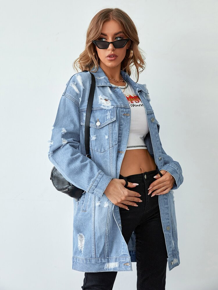 Bleach Wash Ripped Drop Shoulder Denim Jacket | SHEIN