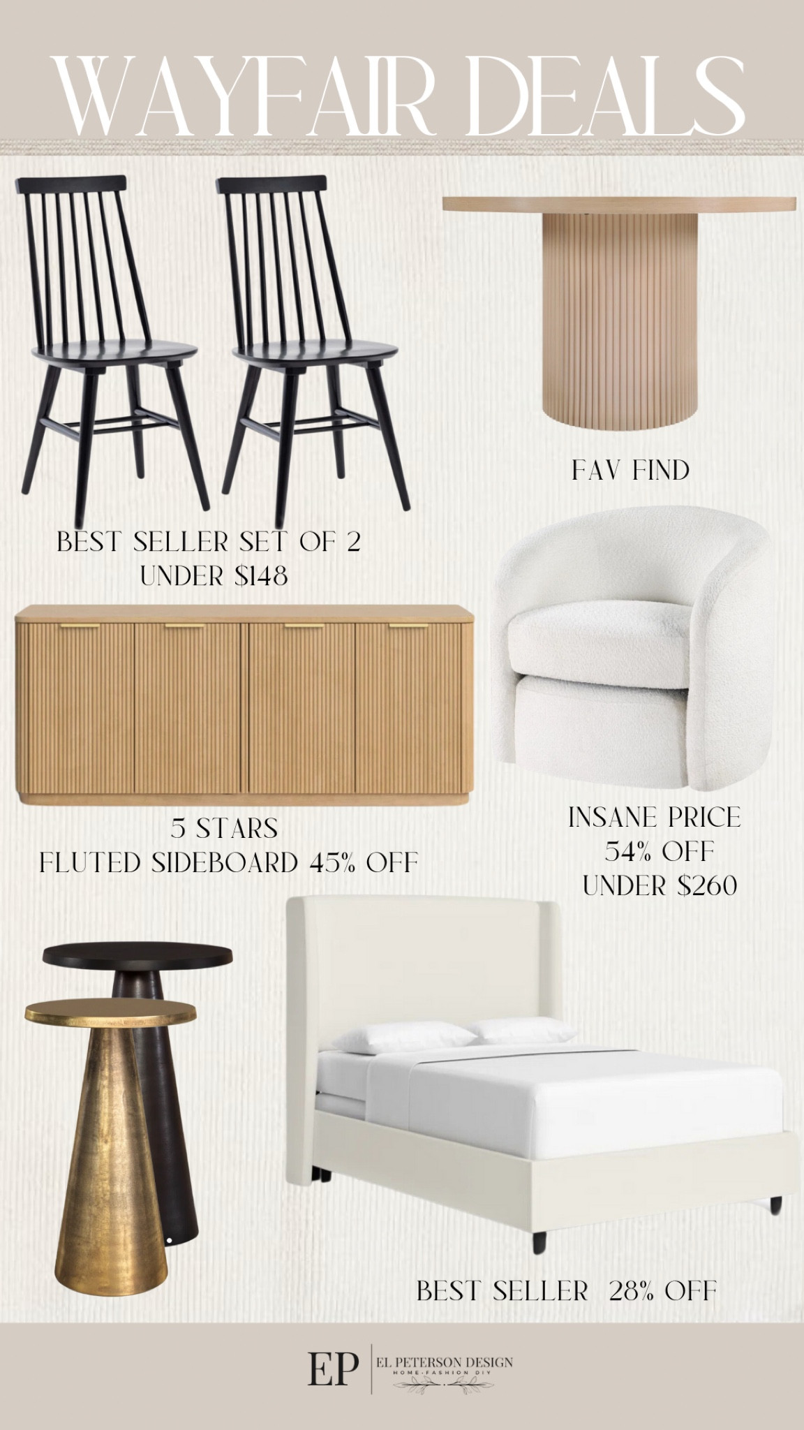 Wayfair deals 
Dining chairs
Dining table 
Accent table
Sideboard
Upholstered bed 

#LTKHome #LTKSaleAlert