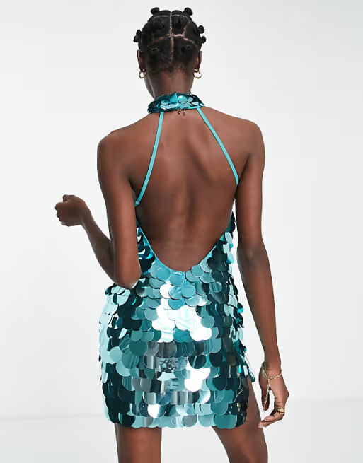 ASOS DESIGN disc sequin halter mini dress in blue | ASOS (Global)