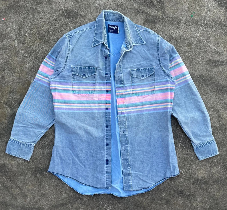 Vintage Wrangler Faded Pastel Stripe Denim Brushpopper Shirt // Large 16.5 // Rare Worn Western 9... | Etsy (US)