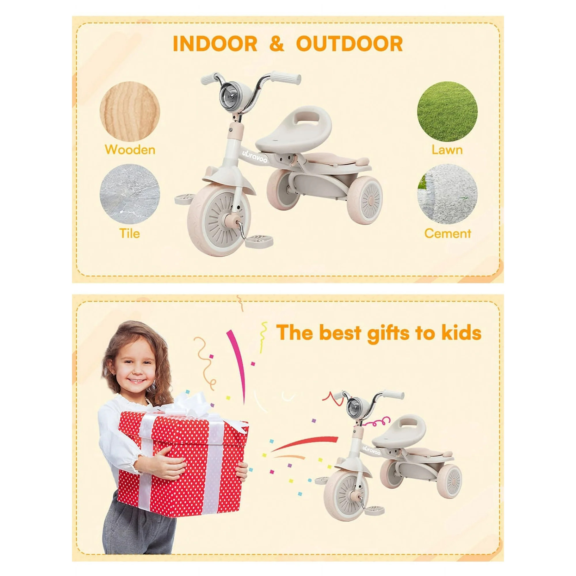 Ubravoo Baby Tricycle,Foldable Toddler Trike with Pedals PU Wheels Cool Lights,1-5 Years Old Girl... | Walmart (US)