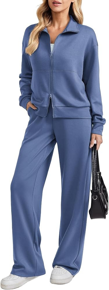 PINSPARK 2 Piece Sets for Women Two-Way Zip Top Wide Leg Pants Tracksuit | Amazon (US)