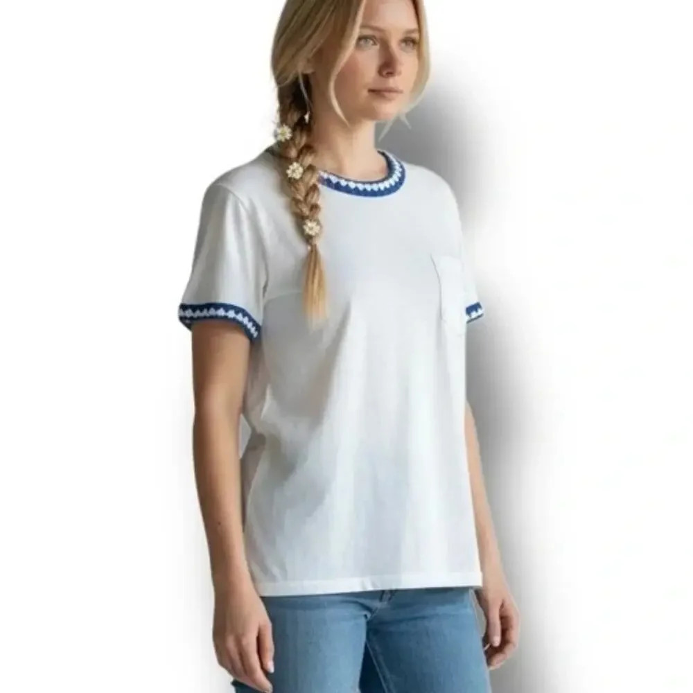 NWT Joseph A. White & Blue Crochet Trim Linen Blend Top Casual Simple Size S | Poshmark
