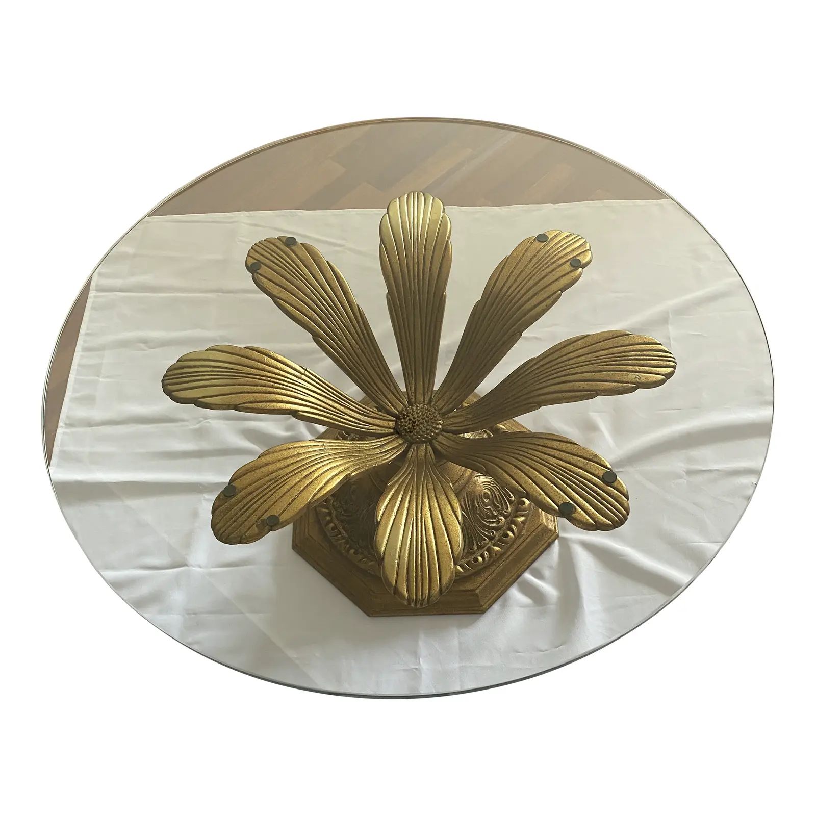 Vintage 1960s Hollywood Regency Metal Gilt Flower Petal Coffee Table With Glass Top | Chairish