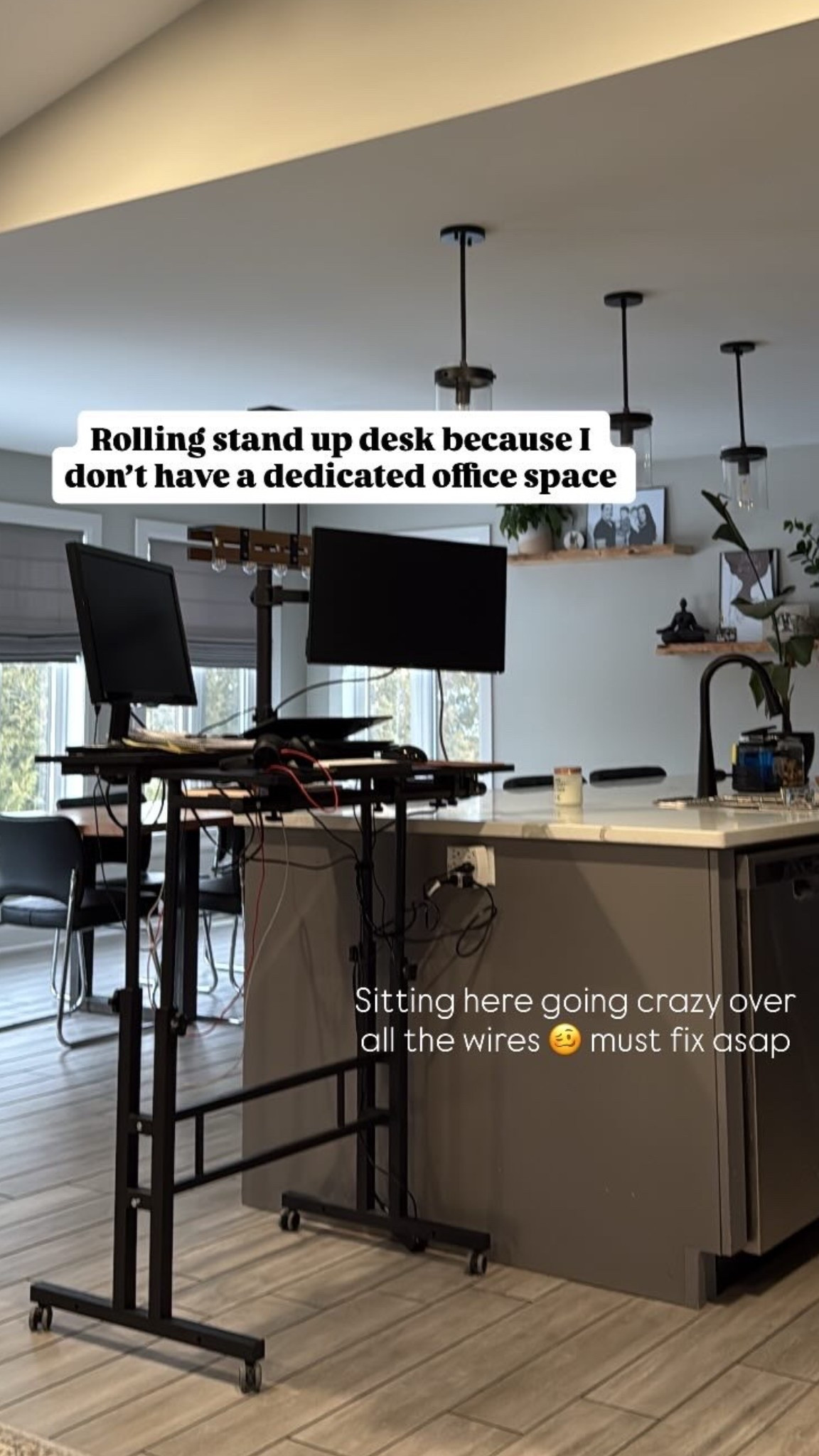 WFH without an office space means I needed a desk I could roll around and tuck away on the weekends. This is under $100 it’s a manual height adjustment but we don’t need anything fancy here 