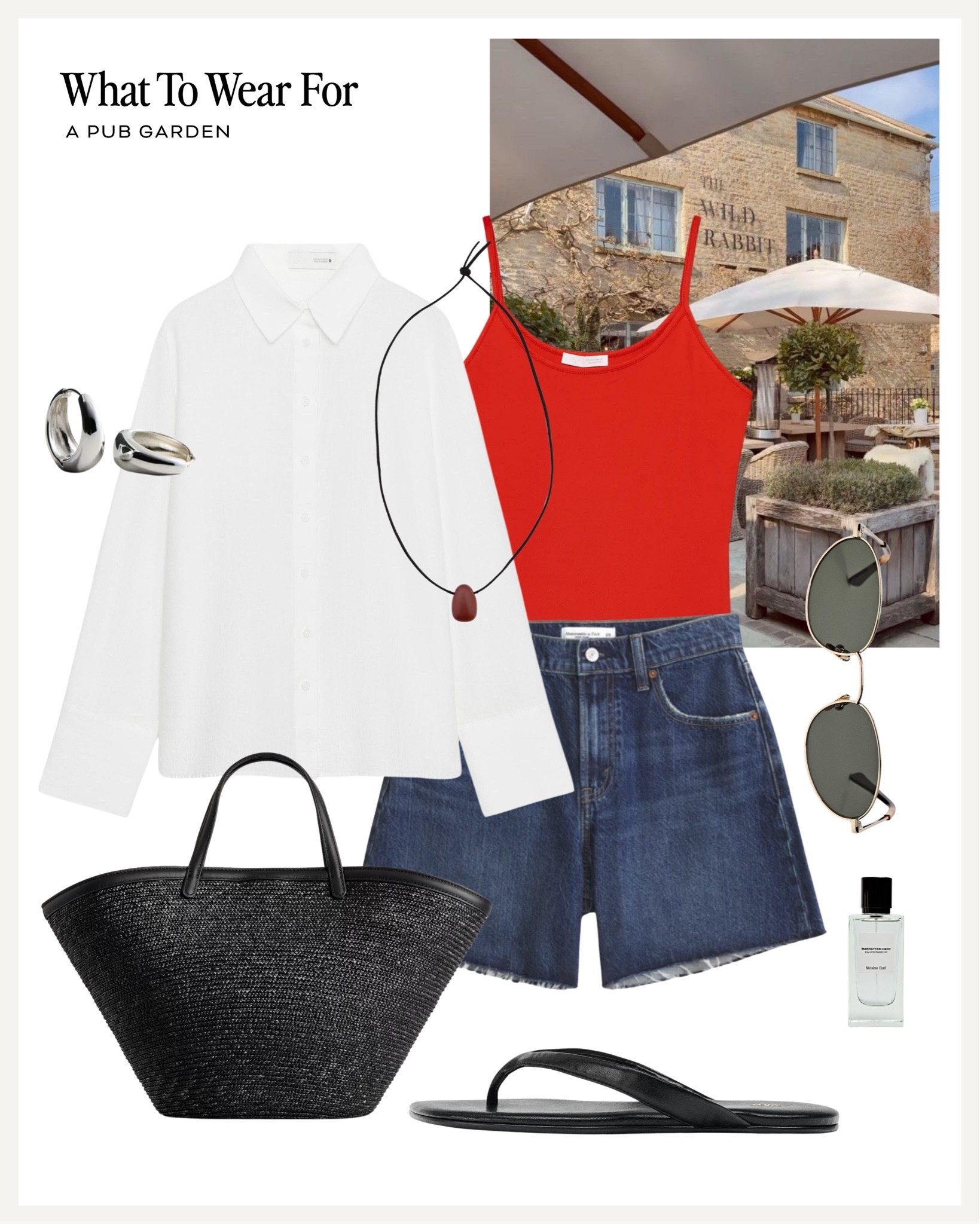 A pub garden 🍷 

Denim shorts, white linen shirt, red top, straw bag, sandals, heatwave outfit