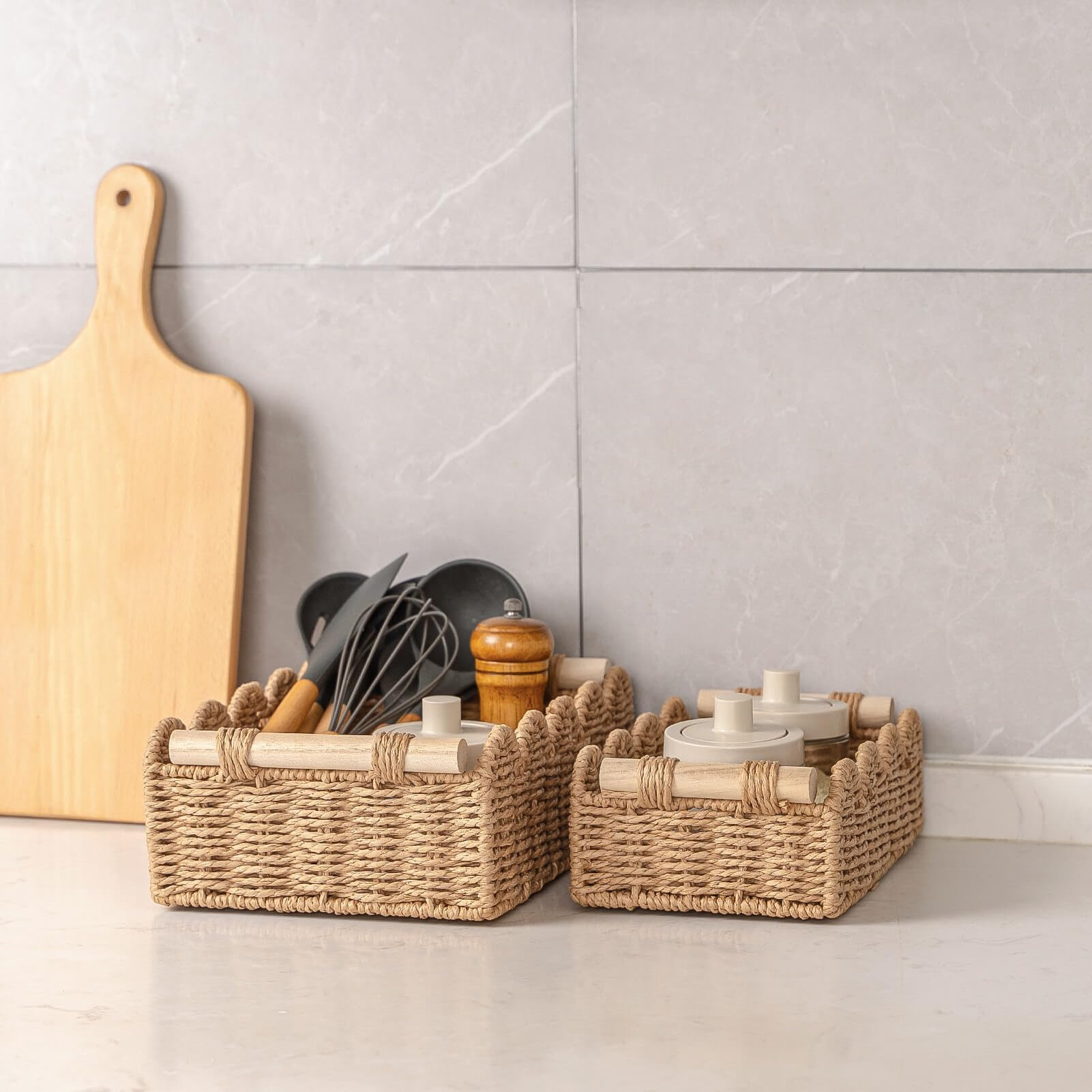 CubesLand Paper Rope Scalloped Edge Decor Baskets for Home, Living Room, Bedroom, Toilet Basket for Over Toilet Storage Shelf, End Table, Shelves and More, Both Storage&Decor, Set 2 Neutral | Amazon (US)
