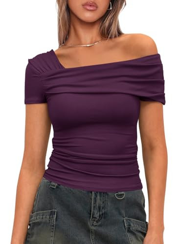 Darong Women's Summer One Off Shoulder Short Sleeve Top Ruched Going Out Tops Slim Fit Y2K Shirt 9047 Dark Purple M | Amazon (US)