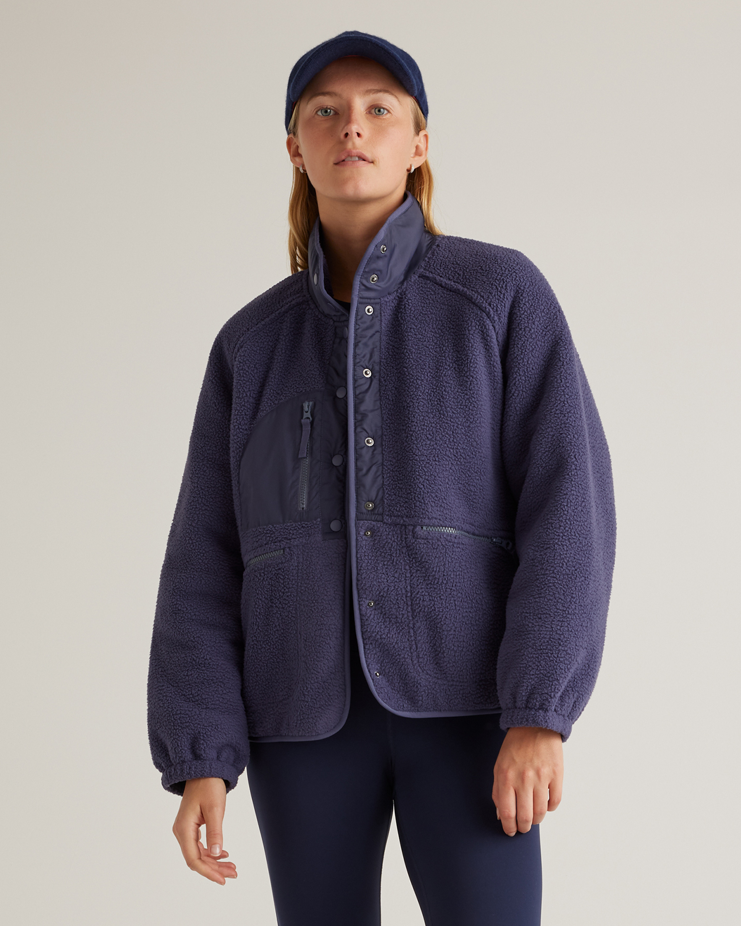Quince | Women's Sherpa Snap Front Jacket in Navy, Size Small, 100% Polyester | Quince