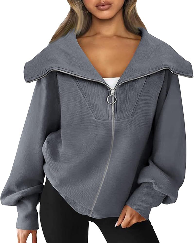 Toapvere Women's Oversized Full Zip Sweatshirts Long Sleeve Lightweight Ribbed Casual Fall Sweats... | Amazon (US)