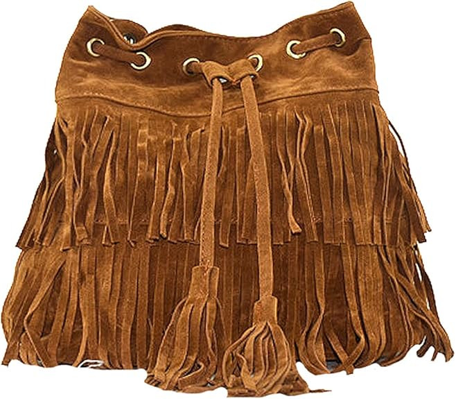 Heidi Women's Fringed Bucket Purse Tassel Faux Suede Shoulder Bag Ring Top-Handle Crossbody Bag | Amazon (US)