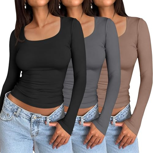 AUTOMET 3 Pack Womens Long Sleeve Shirts Fall Fashion Crop Tops Basic Layer Slim Fit Y2K Clothes Black Grey Coffee Grey L | Amazon (US)
