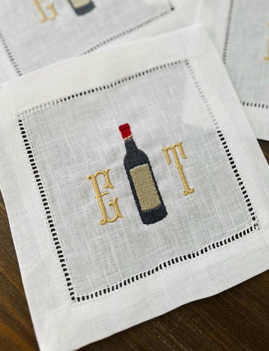 Wine Bottle Embroidered Cocktail Napkin With Initials | 6x6 Hemstitch Linen Coaster | Gift for Di... | Etsy (US)