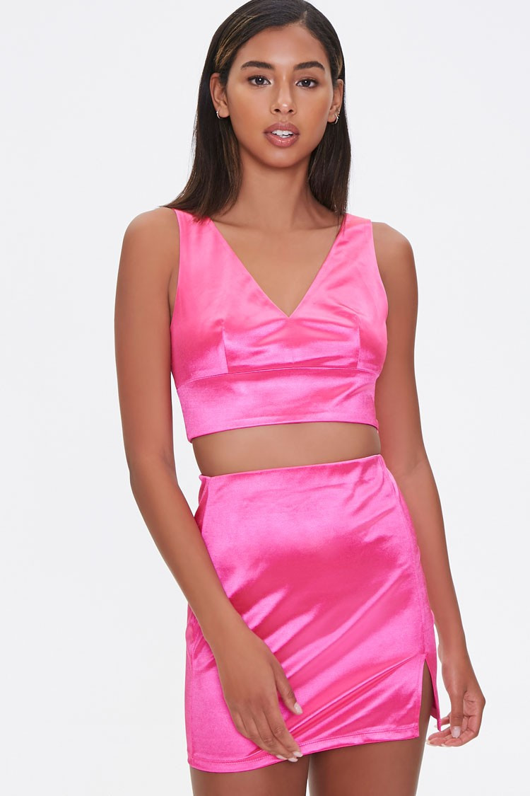 Satin Crop Top & Mini Skirt Set in Pink Large | Forever 21 (US)