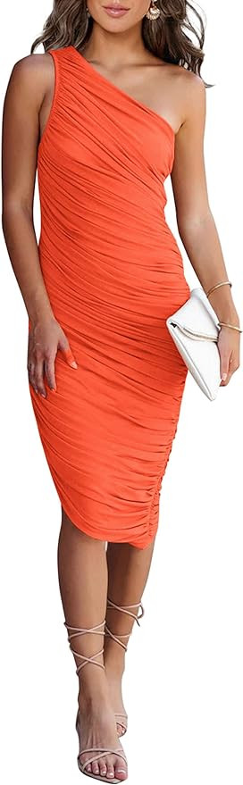 PRETTYGARDEN Women's Ruched Bodycon Dress 2024 Summer One Shoulder Sleeveless Party Cocktail Penc... | Amazon (US)