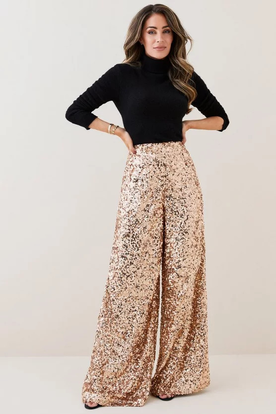 Lydia Millen Textured Sequin Wide Leg Woven Trousers | Karen Millen UK + IE + DE + NL