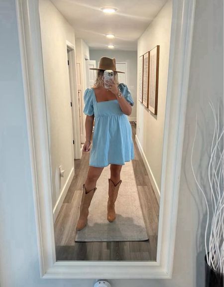 Denim babydoll dress and cowboy boots country concert look, rodeo outfit ideas, country concert outfits, festival outfit, festival look, summer dress, spring outfit, denim dress, date night outfit

#LTKStyleTip #LTKMidsize #LTKSeasonal