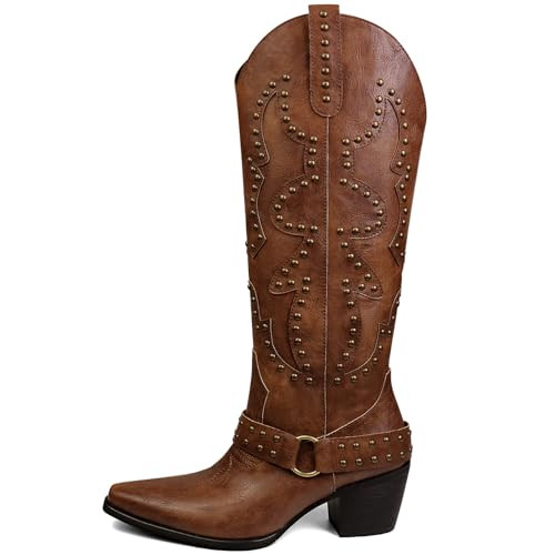 VBDB Brown Cowboy Boots for Women Cowgirl Knee High Boots Wide Calf Western Boots Pointed Toe Studded Fashion Thigh High Boots Size 9.5 | Amazon (US)