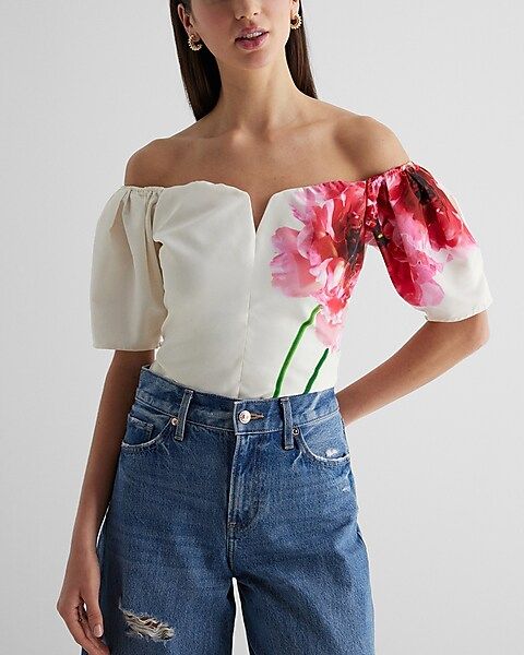 Floral V-Wire Off The Shoulder Puff Sleeve Top | Express