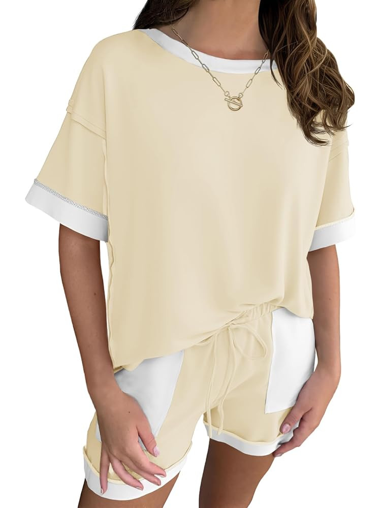 Fisoew Womens Summer 2 Piece Outfits Sweatsuits Oversized Sweatshirt Shorts Casual Color Block Lo... | Amazon (US)