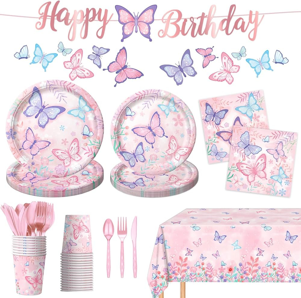 178 PCS Butterfly Birthday Party Supplies Disposable Paper Plates, Napkins, Cups, Cutlery, Tablec... | Amazon (US)