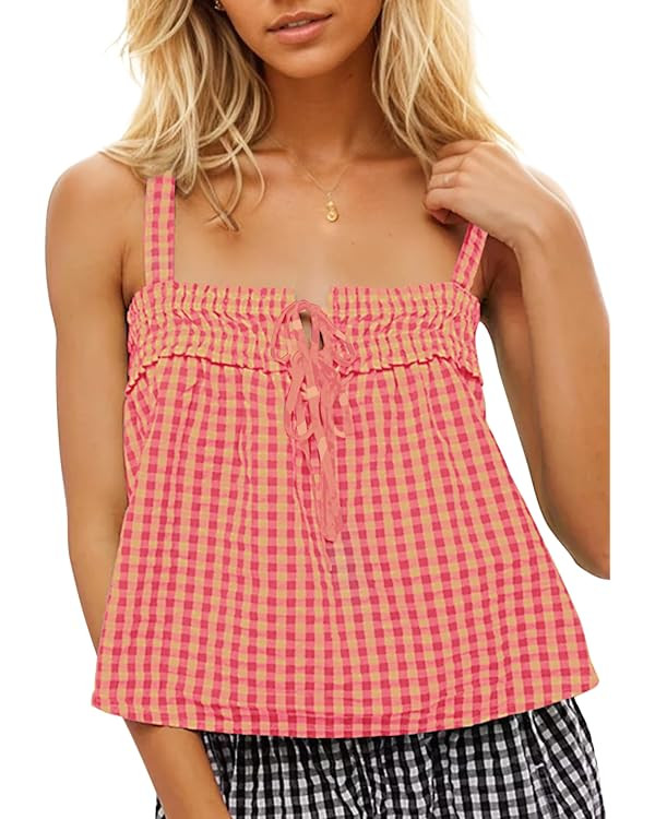 Women Plaid Cropped Camisole Tops Ruched Tie Front Square Neck Backless Loose Cute Crop Cami Tank... | Amazon (US)