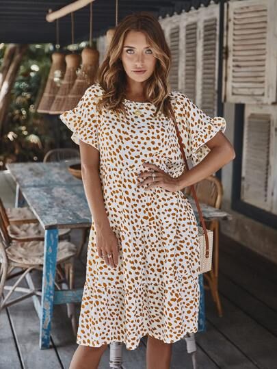 Dalmatian Print Flounce Sleeve Smock Dress | SHEIN