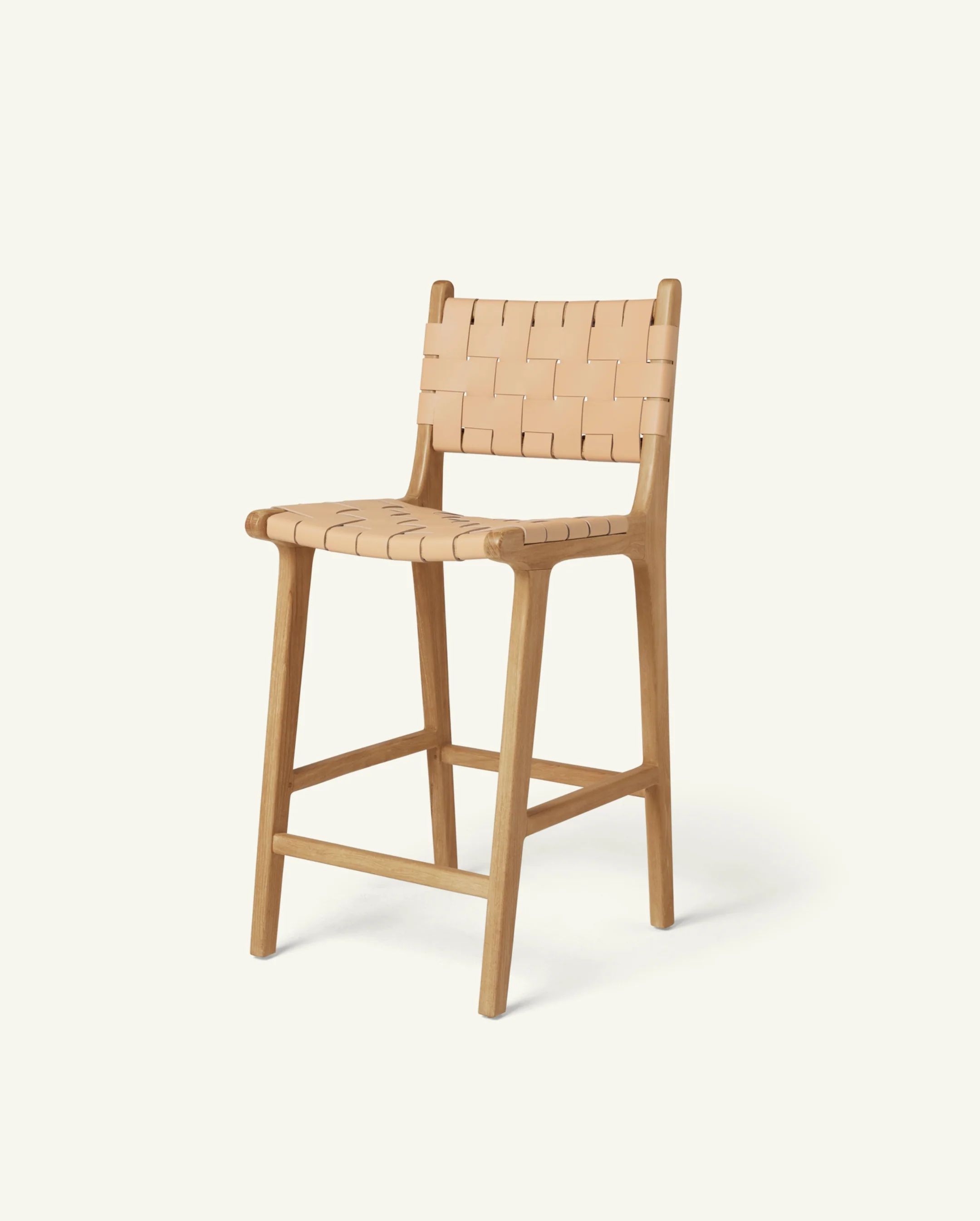 Stool #2 - Counter Stool in Teak with Woven Neutral Leather | Hati Home