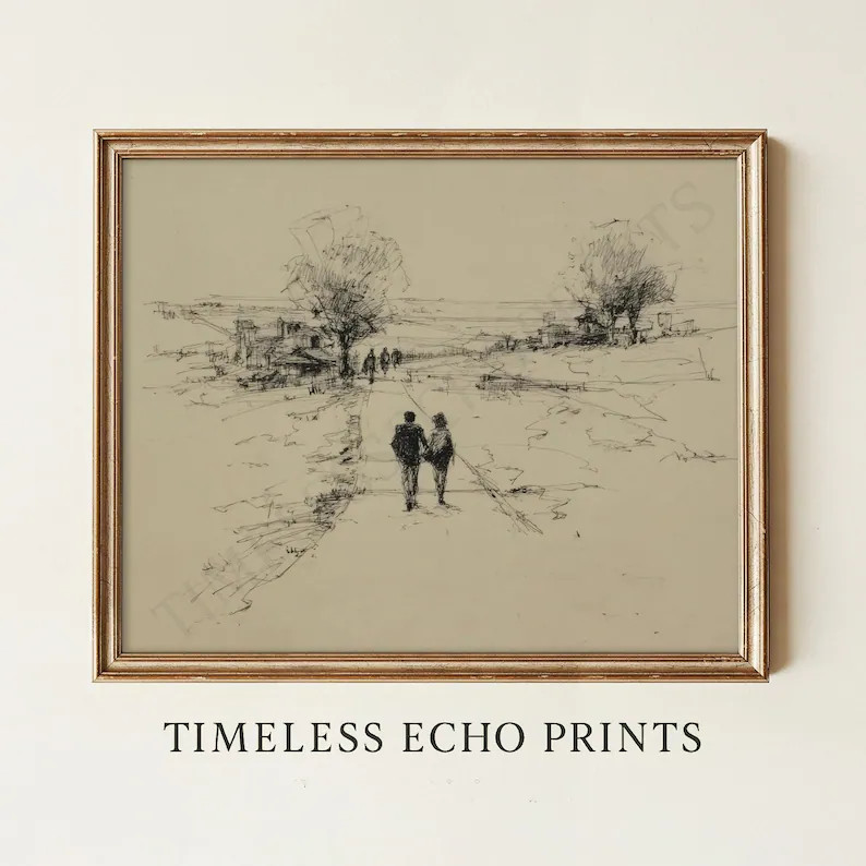 Romantic Couple Pencil Sketch Wall Art Landscape Line Drawing Digital Download 511 | Etsy (US)