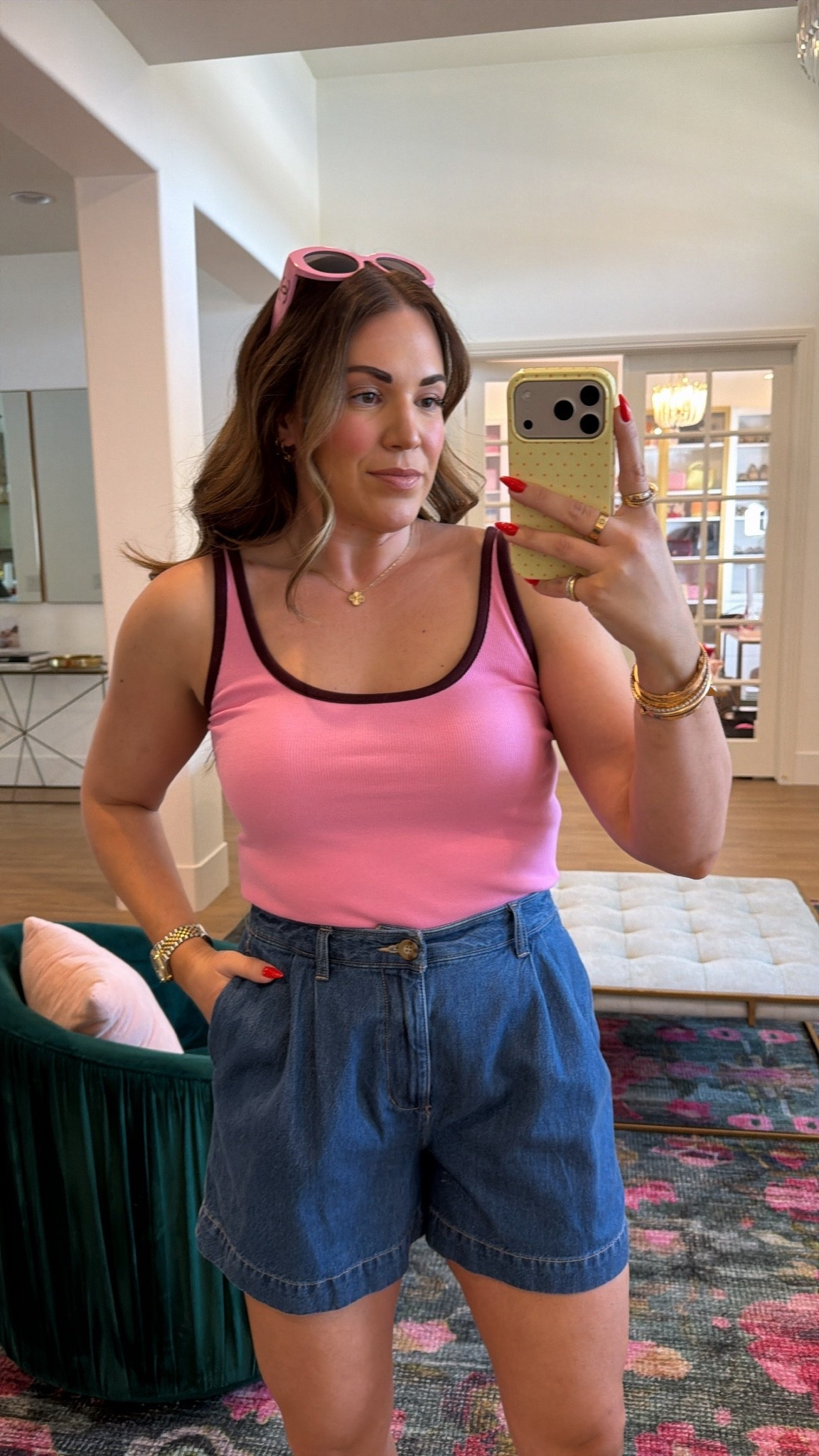 curvy midsize pink and burgundy summer look! wearing size large on two tone tank and size medium in trouser shorts. 50% off this weekend!

#LTKSeasonal #LTKMidsize #LTKSaleAlert