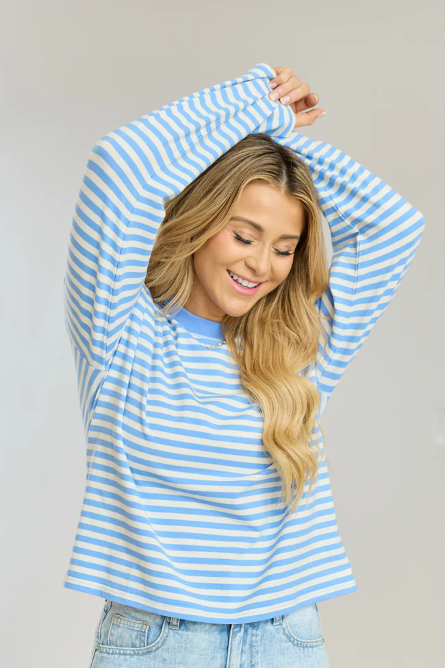 Nylah Blue Striped Long Sleeve Crewneck Top | Pink Lily