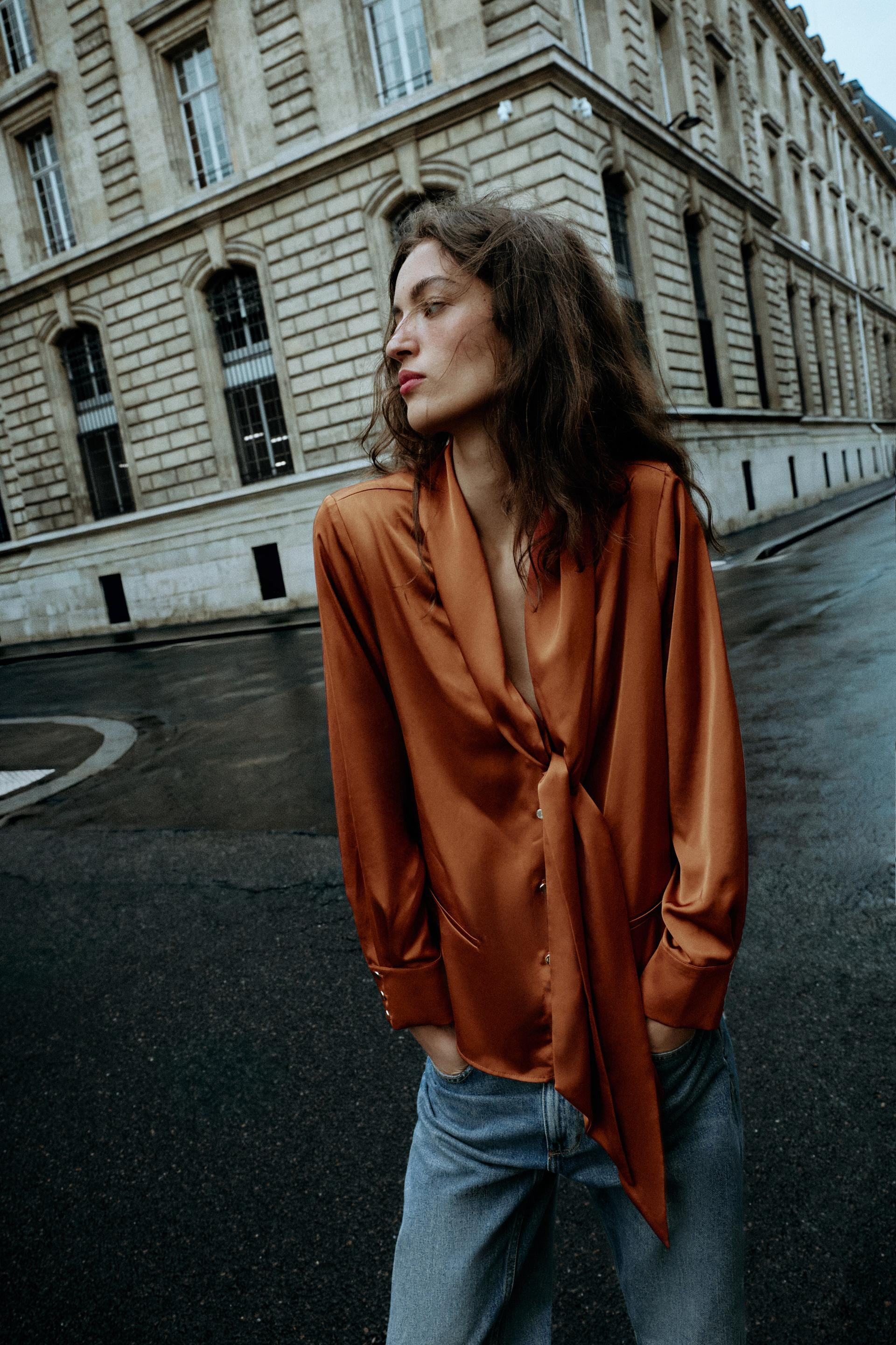 Zara - Satin Bow Blouse - Burnt Orange - M - Woman | Zara US