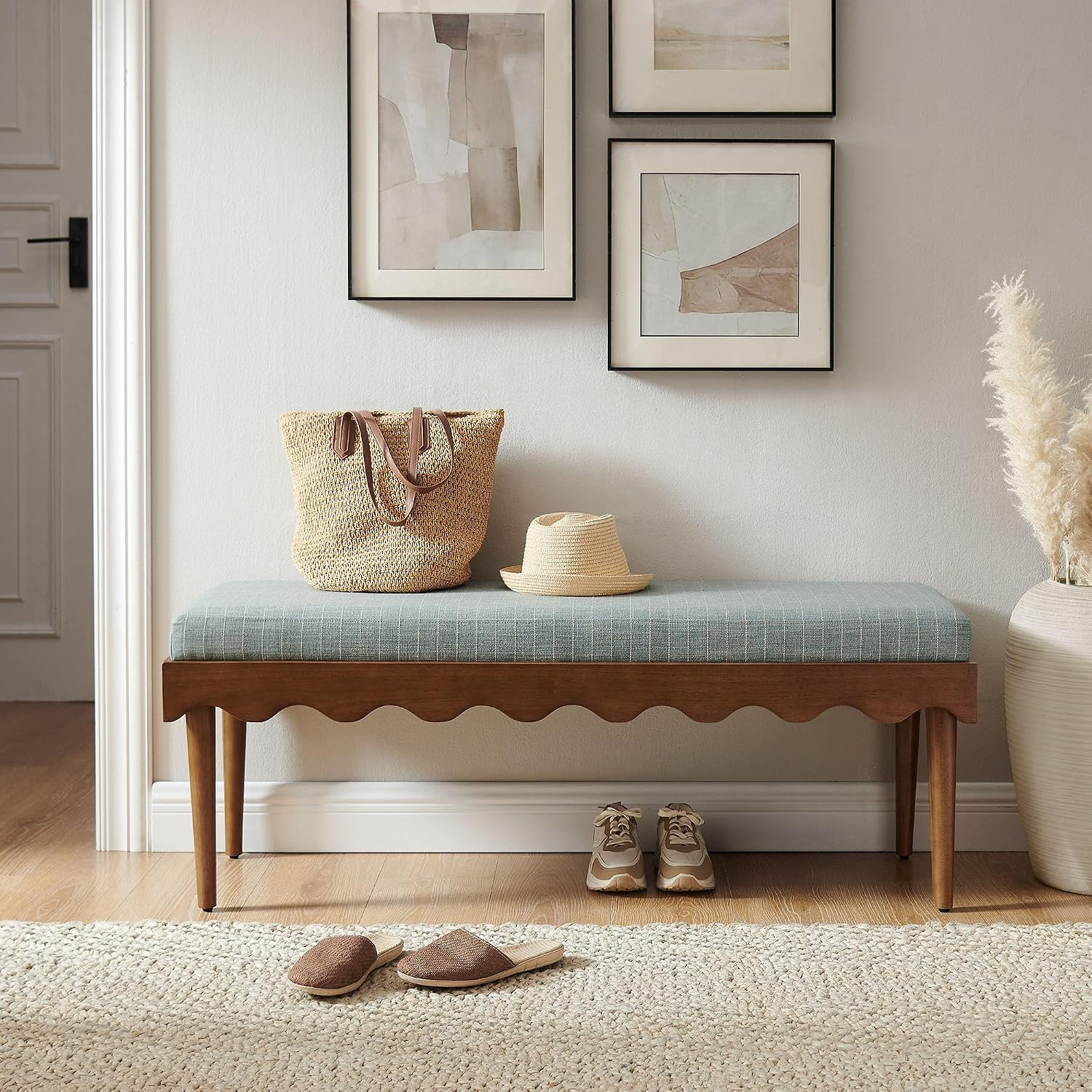 Modway Mirette Upholstered Accent Bench in Spa Blue Stripe – Scalloped Wood Frame Bench with Striped Linen Blend Cushion – Modern Bedroom and Living Room Bench | Amazon (US)