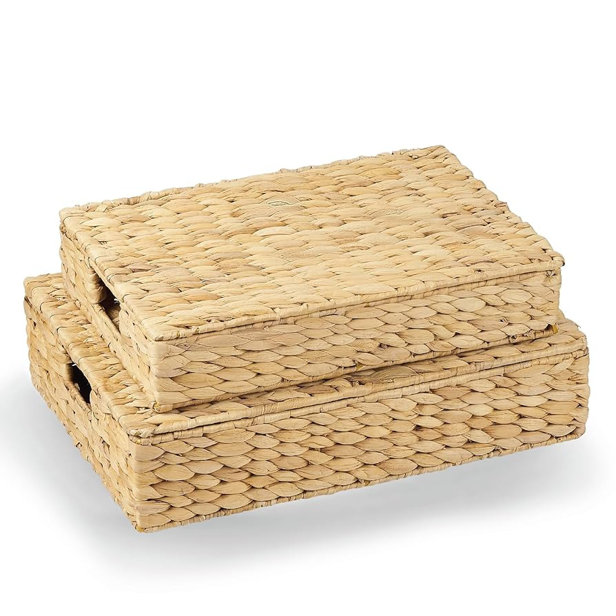 Set of 2 Wicker Baskets with Lid for Organizing - Decorative Storage Boxes With Lids for Home Dec... | Amazon (US)