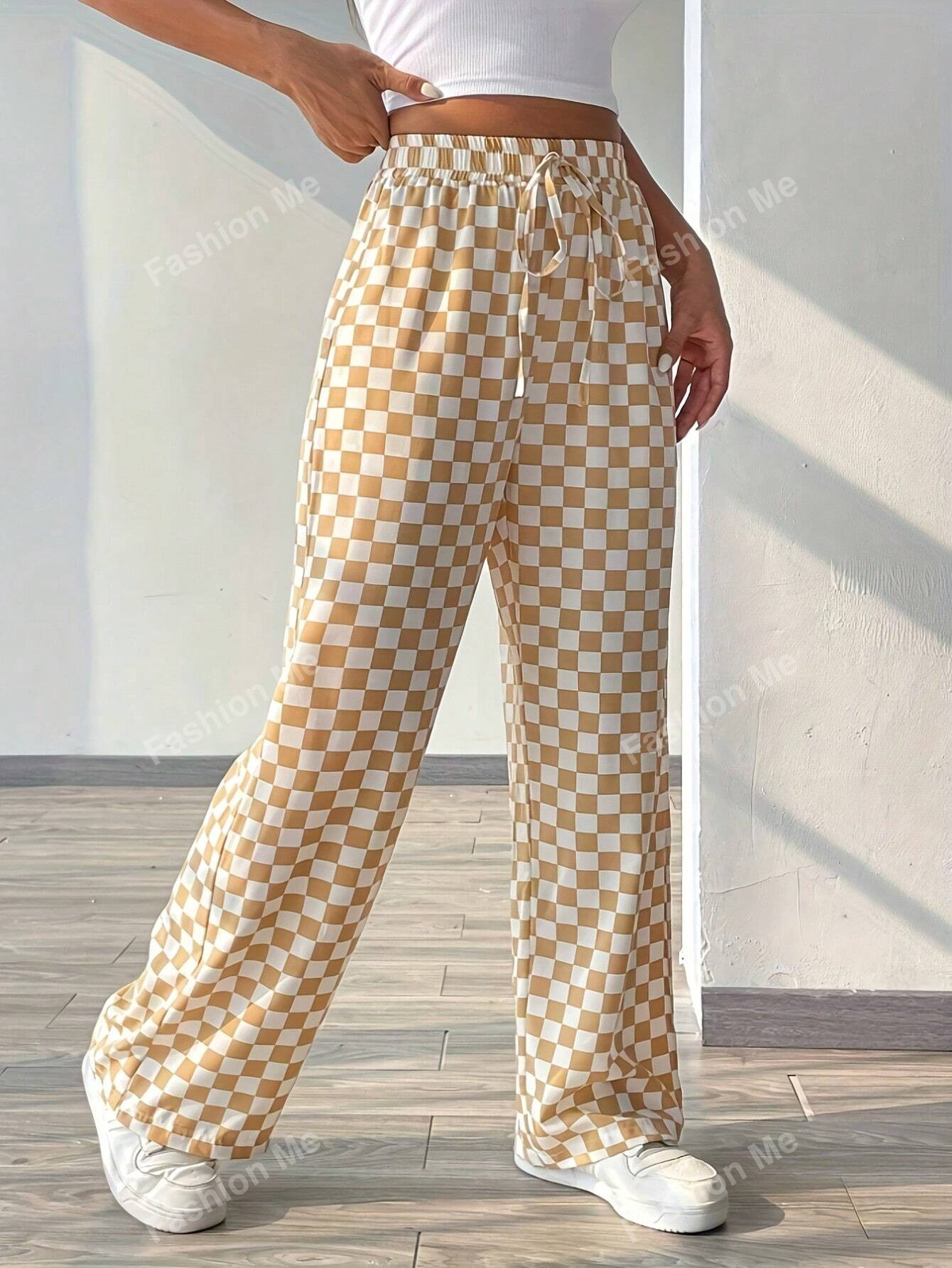 TrendsCheckered Print Casual Loose High Waist Wide Leg Pants With Tie | SHEIN