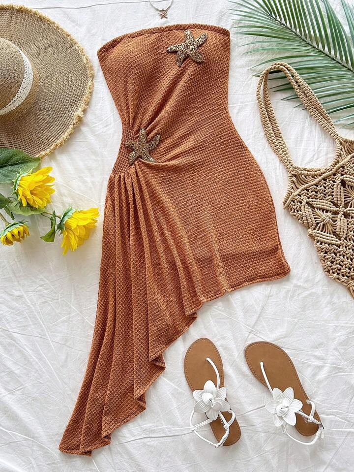 Soleia Plus Size Women's Brown Textured Asymmetric Hem Starfish Decor Vacation Dress,Sun Dresses ... | SHEIN