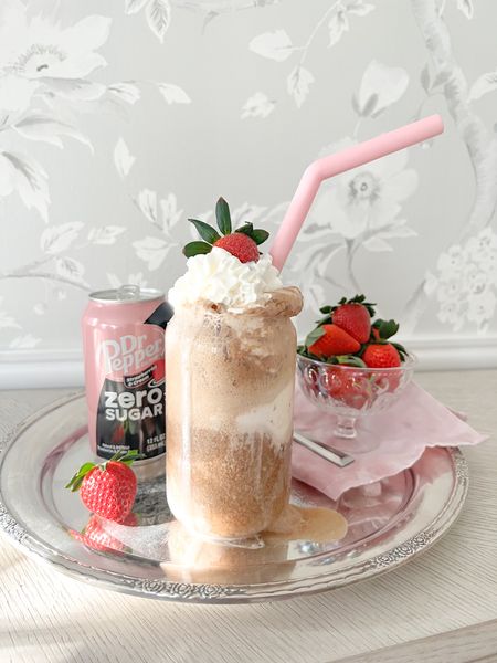 Strawberry Dr Pepper Float in a can shaped glass, with a pastel pink reusable silicone straw & pink tie dye cloth dinner napkin. Pastel home, feminine style, home decor, kitchen, glassware, desserts  

#LTKhome #LTKunder50 #LTKsalealert