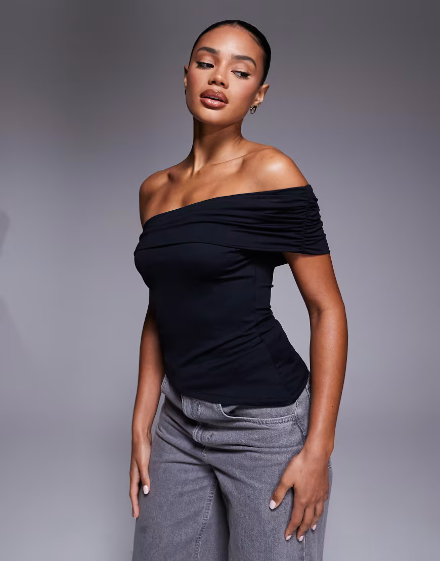ASOS DESIGN polyamide asymmetric off the shoulder top in black | ASOS (Global)