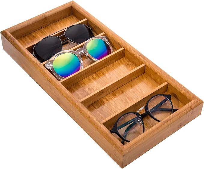 MyGift Modern Solid Bamboo Wood Sunglasses Organizer Tray with 6 Compartments, Eyewear Sunglass S... | Amazon (US)