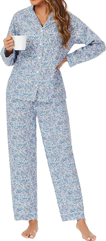 LUBOT 100% Cotton Pajamas for Women 2 Piece PJ Set Woven Poplin Ladies Button Long Sleeve Lightwe... | Amazon (US)