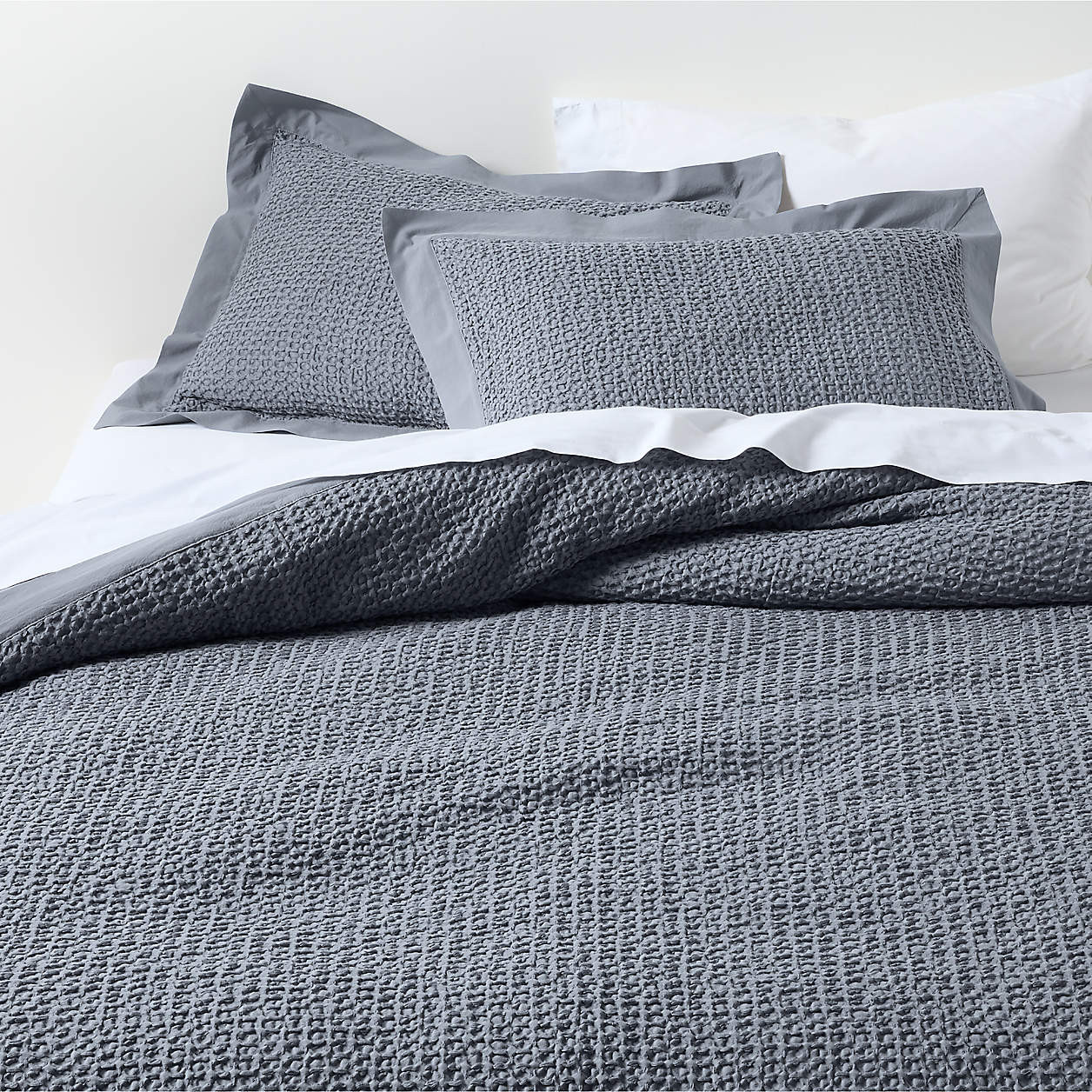 Organic Cotton Waffle Smoke Blue King Duvet Cover + Reviews | Crate & Barrel | Crate & Barrel