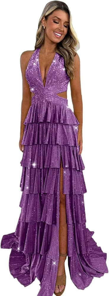 Halter Tiered Ruffle Prom Dresses for Women Strapless Glitter Sequins Long Evening Party Gowns wi... | Amazon (US)