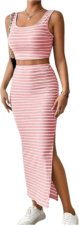 GORGLITTER Women's Skirt Sets 2 Piece Outfits Striped Skirt and Top Set Summer Beach Vacation Out... | Amazon (US)
