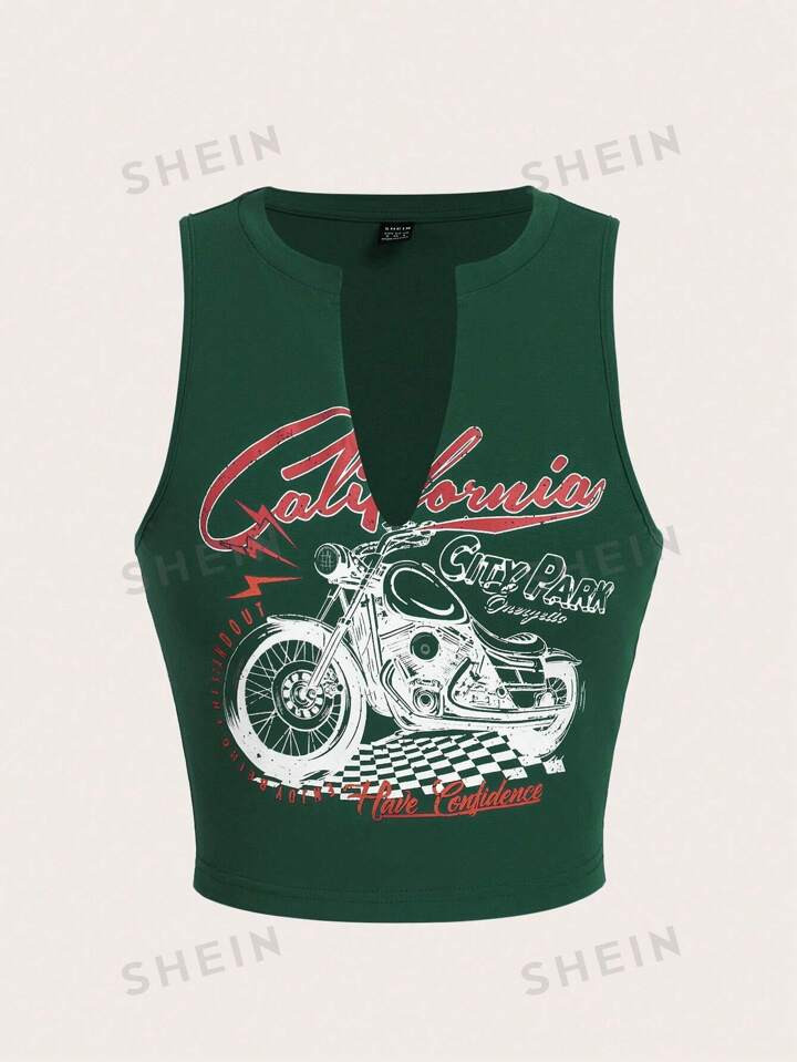 SHEIN EZwear Motorcycle & Slogan Graphic Notched Neckline Tank Top | SHEIN