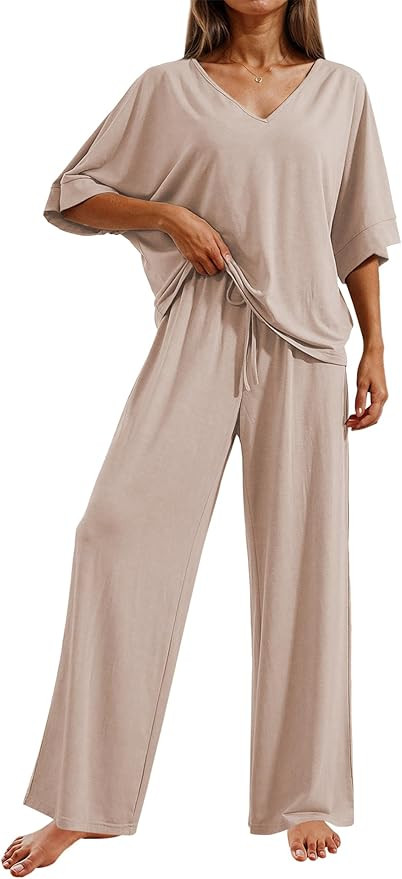 Ekouaer Pajama Sets for Women 2 Piece Lounge Set Short Sleeve Tops and Long Pants Soft Comfy Pjs ... | Amazon (US)