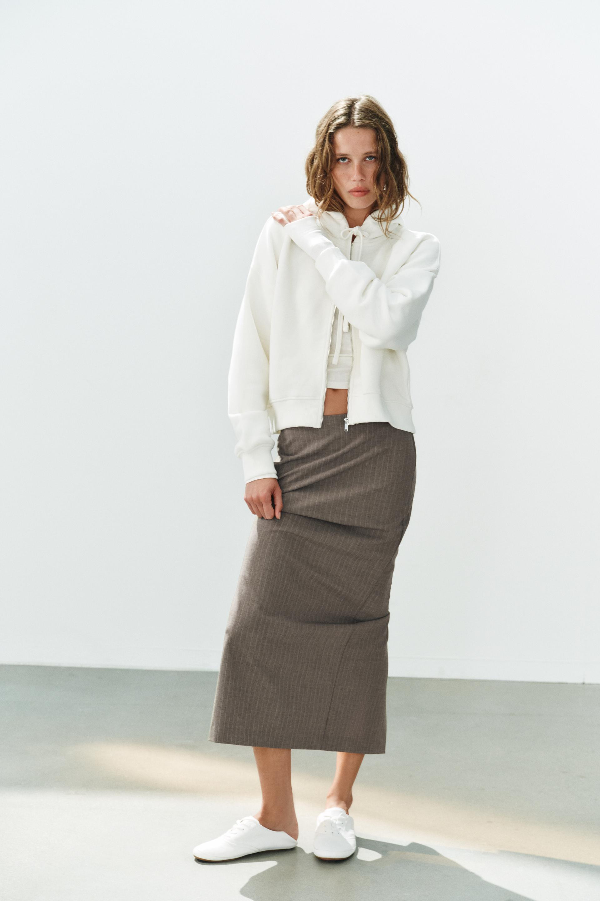 Zara - Pinstripe Midi Skirt - Brown Marl - Xs - Woman | Zara UK