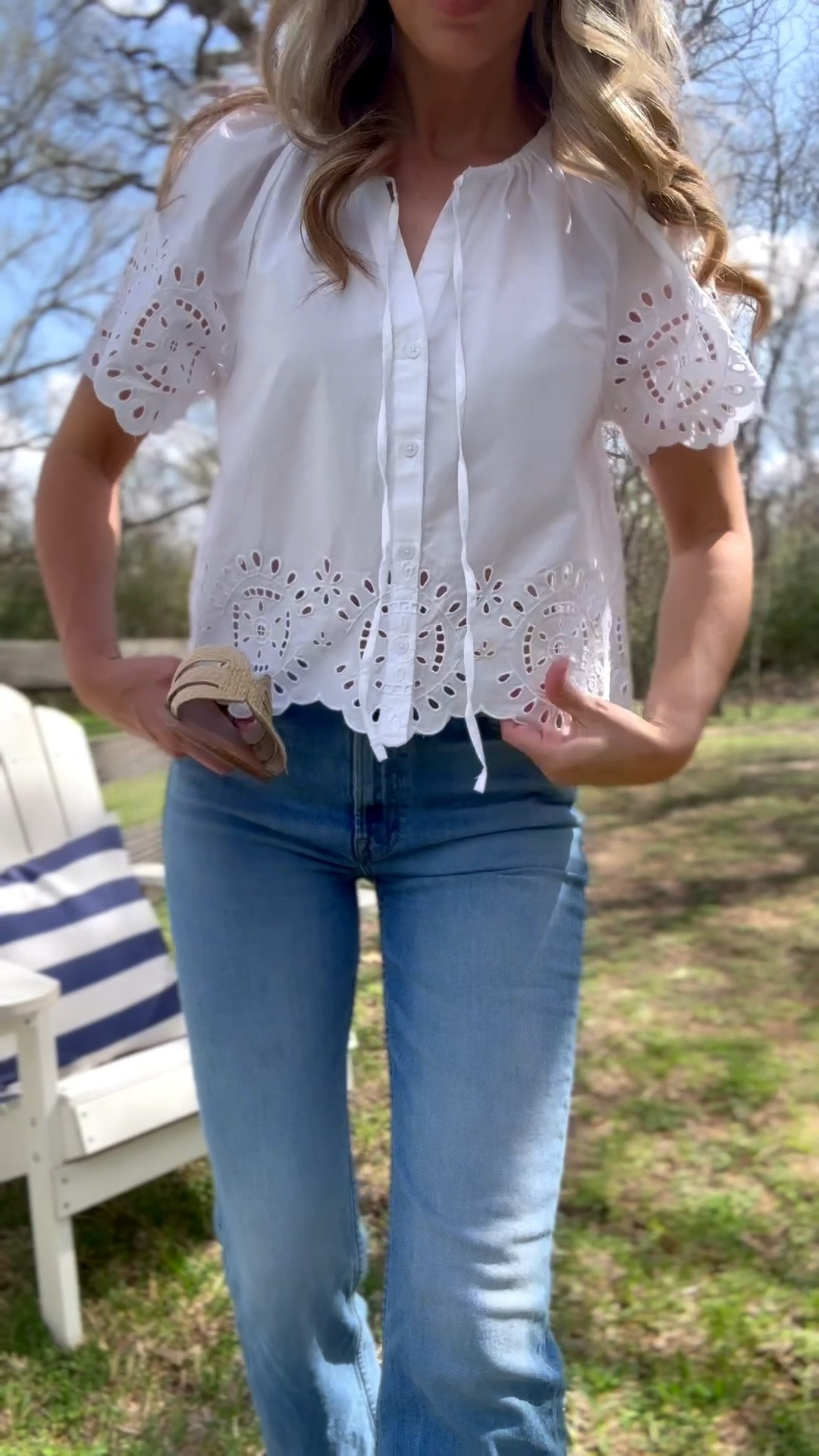 I adore this white eyelet top for spring! So crisp and classy! Wearing XS. These jeans are also a favorite and I love the color for spring! Mom summer style, Easter outfit, spring outfit, summer outfit, classic jeans, mother jeans. Glassalwaysfull 

#LTKmomlife #LTKOver40 #LTKSeasonal