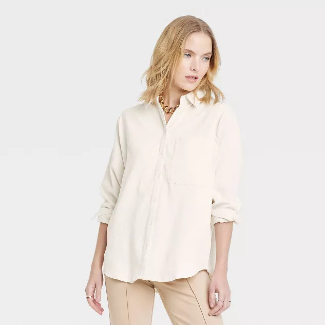 Women's Long Sleeve Corduroy Button-Down Boyfriend Shirt - A New Day™ Cream M | Target