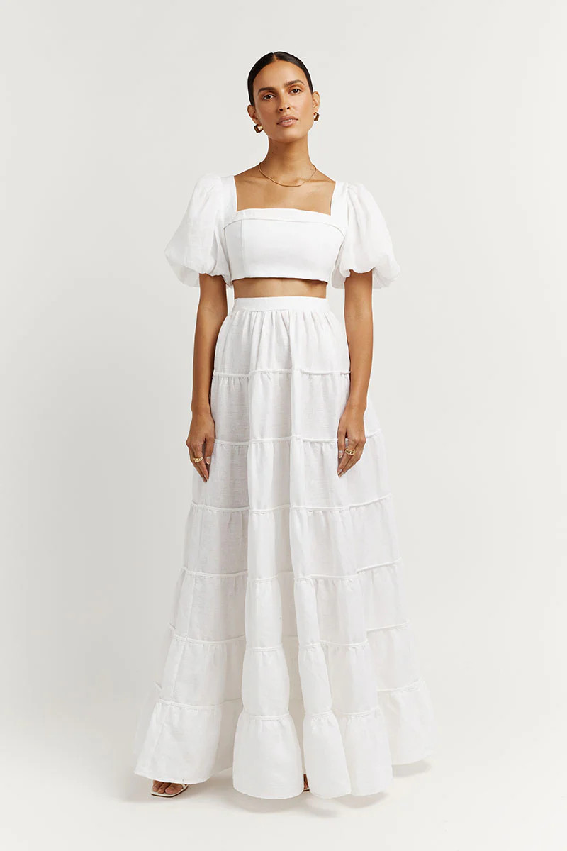 AISLE WHITE LINEN SLEEVED TOP | DISSH