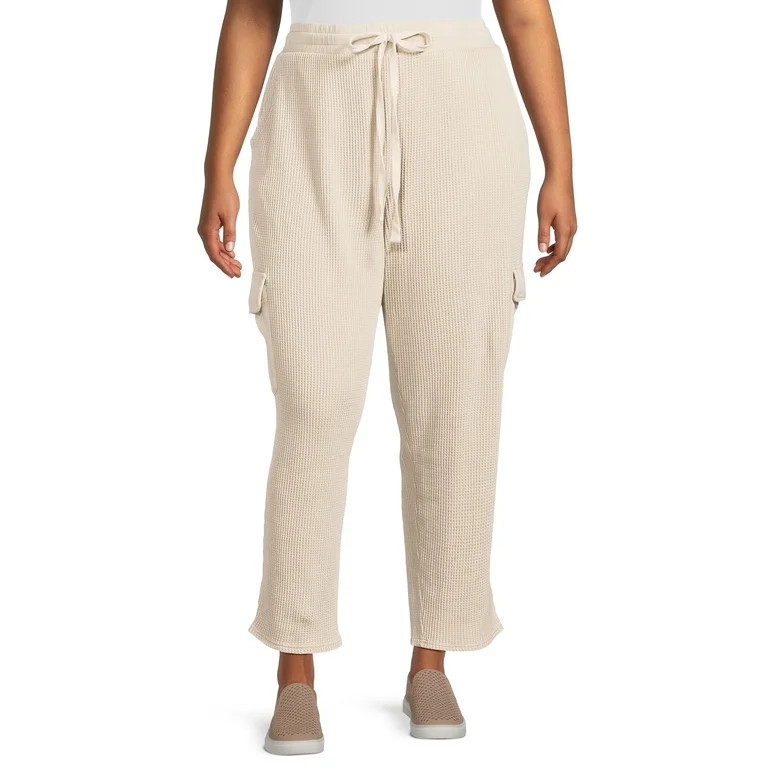 Terra & Sky Women's Plus Size Drawstring Elastic Waist Waffle Knit Cargo Pants | Walmart (US)